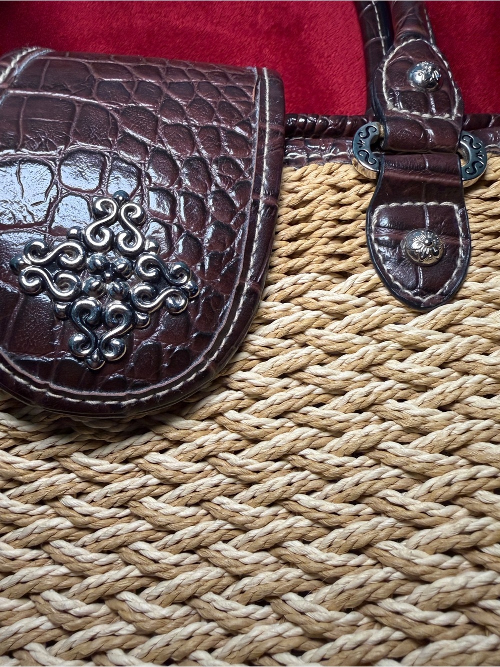Vintage Boho Beach Woven Straw Tote Croc Trim Paisley Lining Trendy - Picture 9 of 10